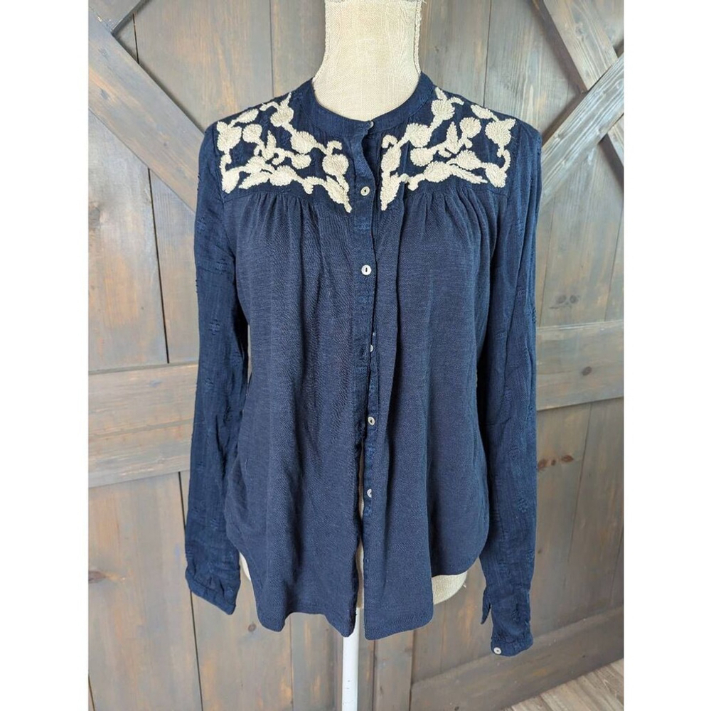 Lucky Brand Blouse Top Women's Medium Blue Button Front Cotton Embroidered Yoke